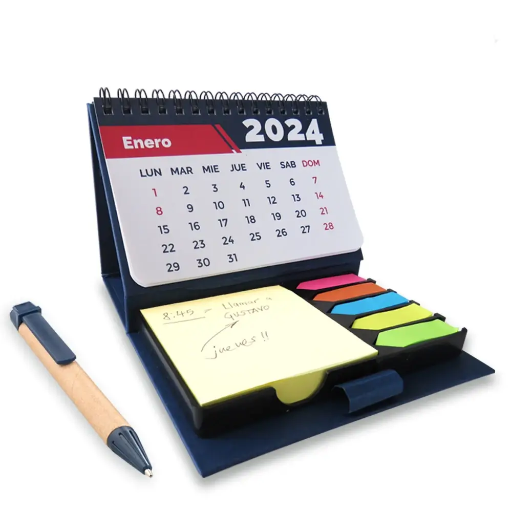 mini calendario con lapicera, post-it y stikies