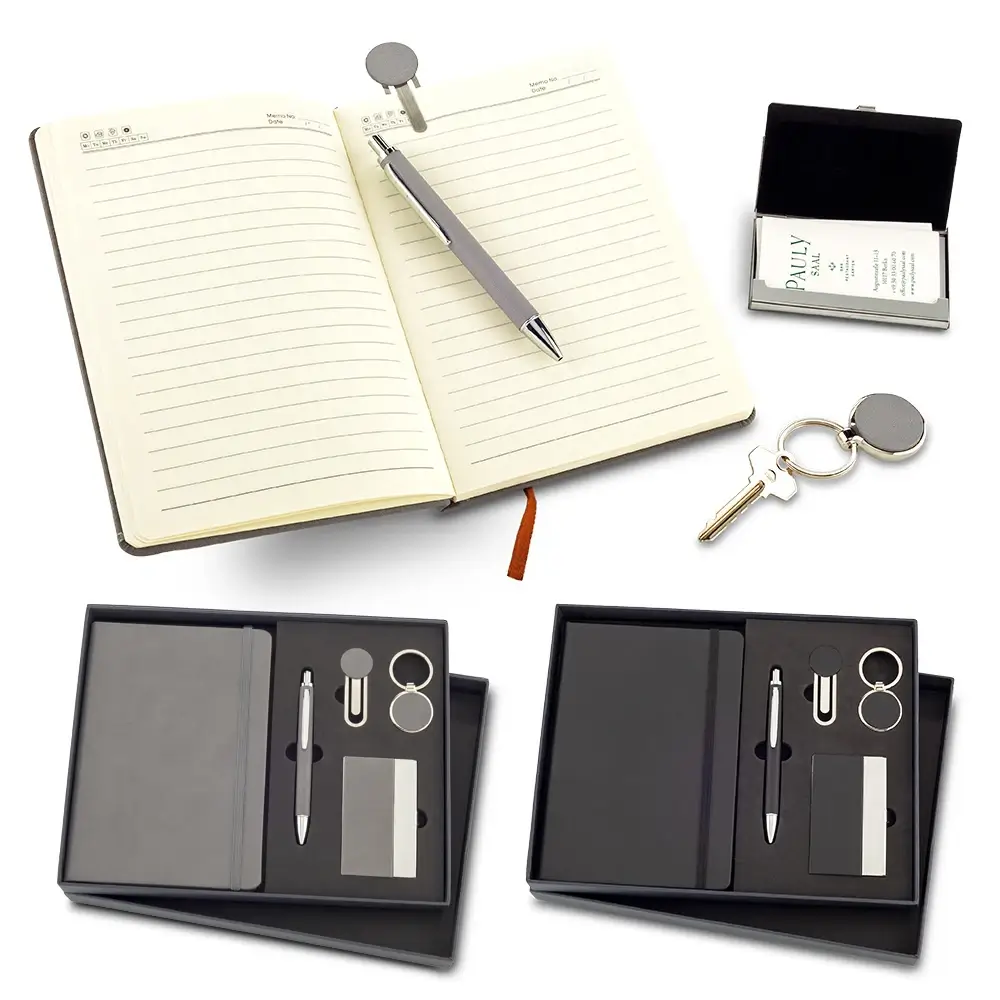 kit cuaderno, lapicero, mini cuaderno, un pin y llavero