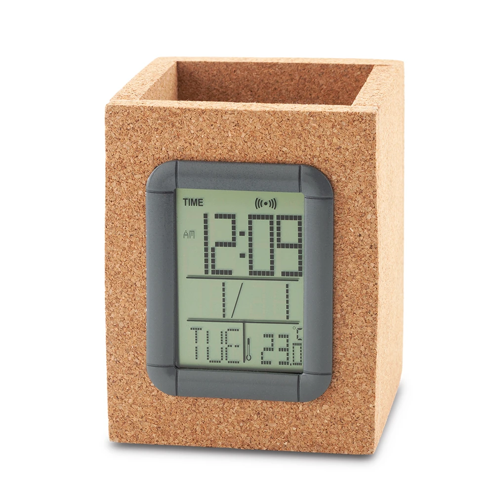 porta lapiceros con reloj digital y medidor de temperatura