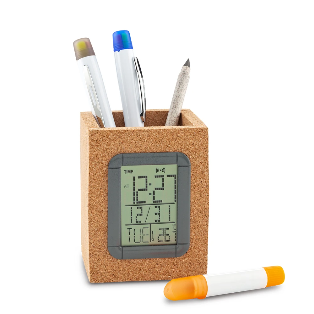 porta lapiceros con reloj digital y medidor de temperatura