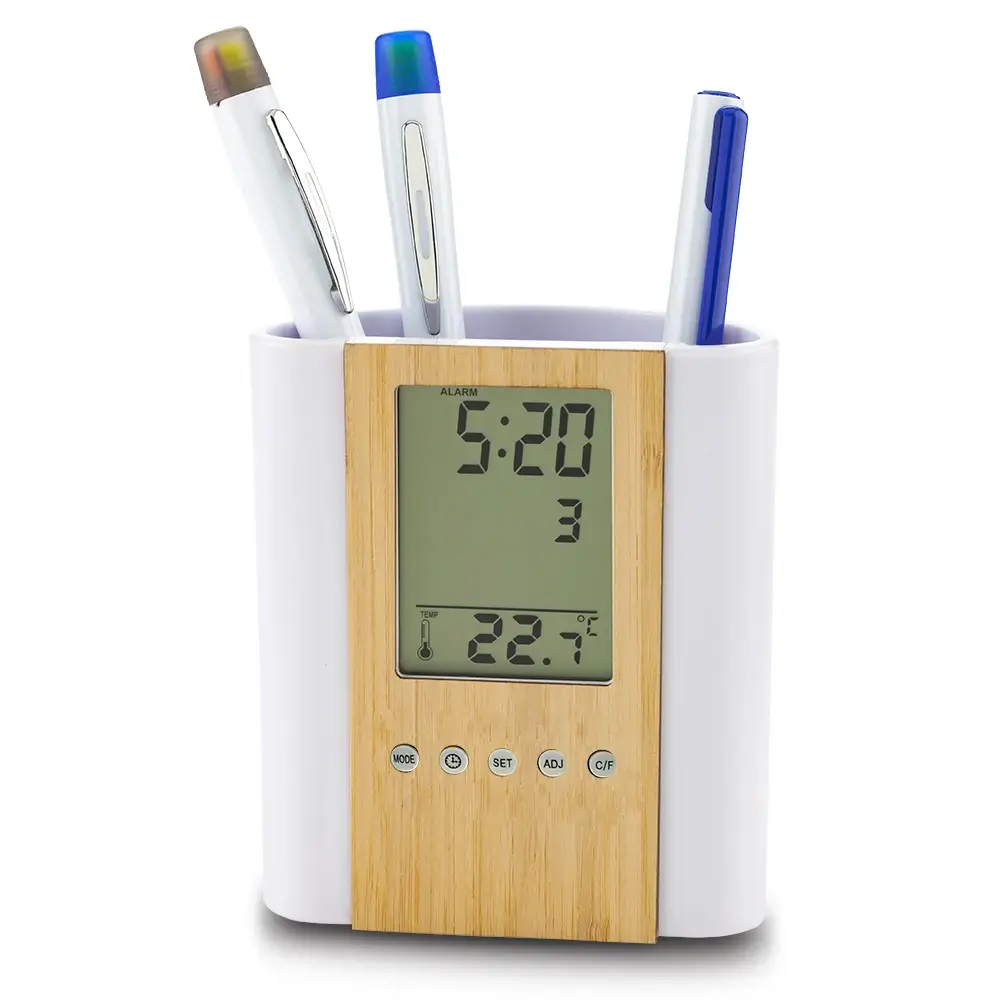 porta lapiceros con reloj digital y medidor de temperatura