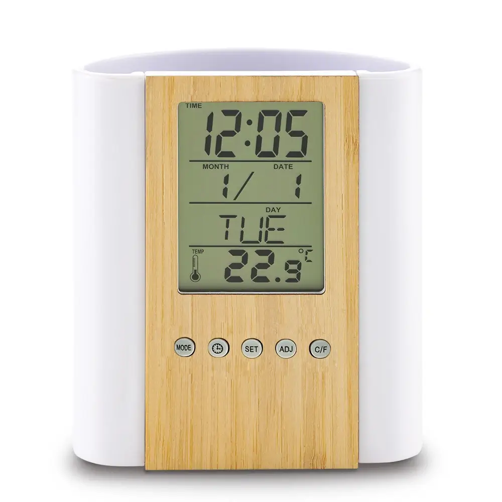 porta lapiceros con reloj digital y medidor de temperatura