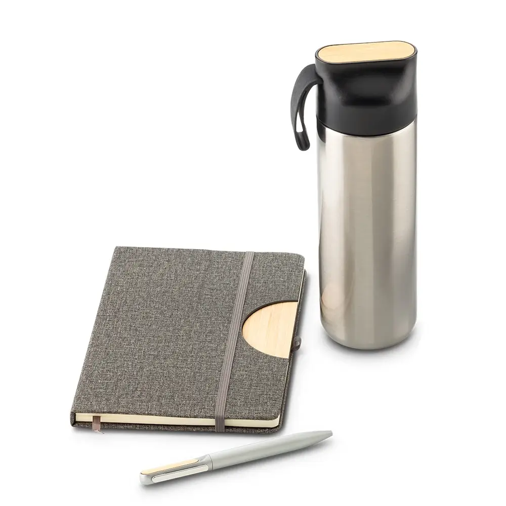 kit cuaderno, lapicera y termo