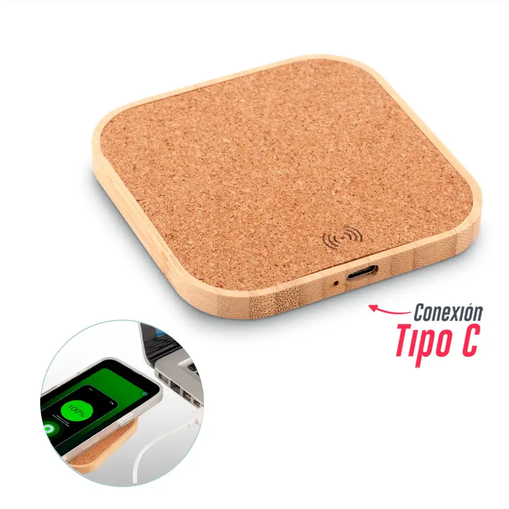 cargador inalámbrico en madera y corcho
